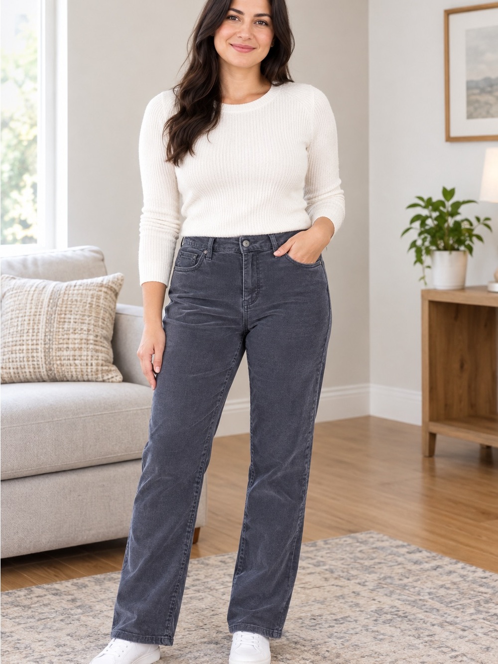 Calvin Klein Women’s Straight Leg Corduroy Pants- Dark Gray. Size:8